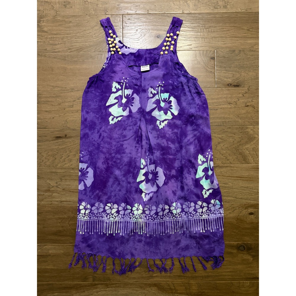 J&J Fashion Hawaii Purple Batik‎ Hibiscus Floral Dress Wood Bead Fringe Rayon OS